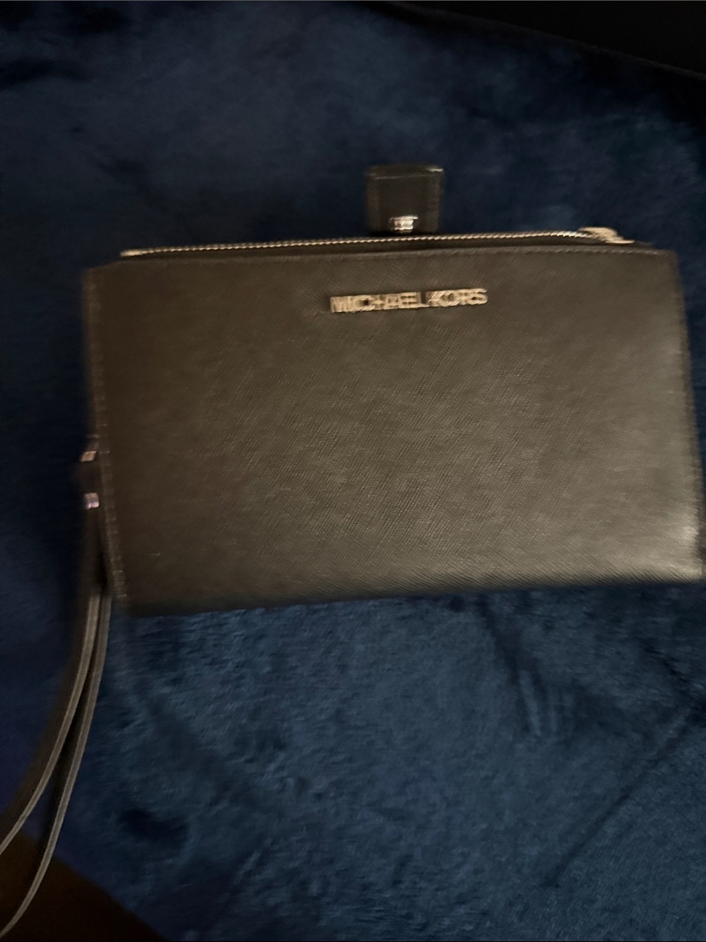 Michael Kors Black Leather Crossbody Wristlet with Silver Hardware